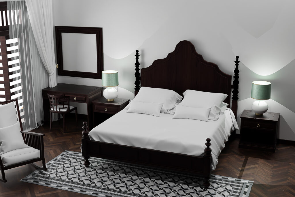 A room decorated with an antique bed and furniture with a dark wood floor.