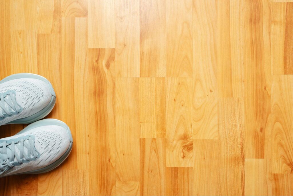 Running shoes on wood floor. 